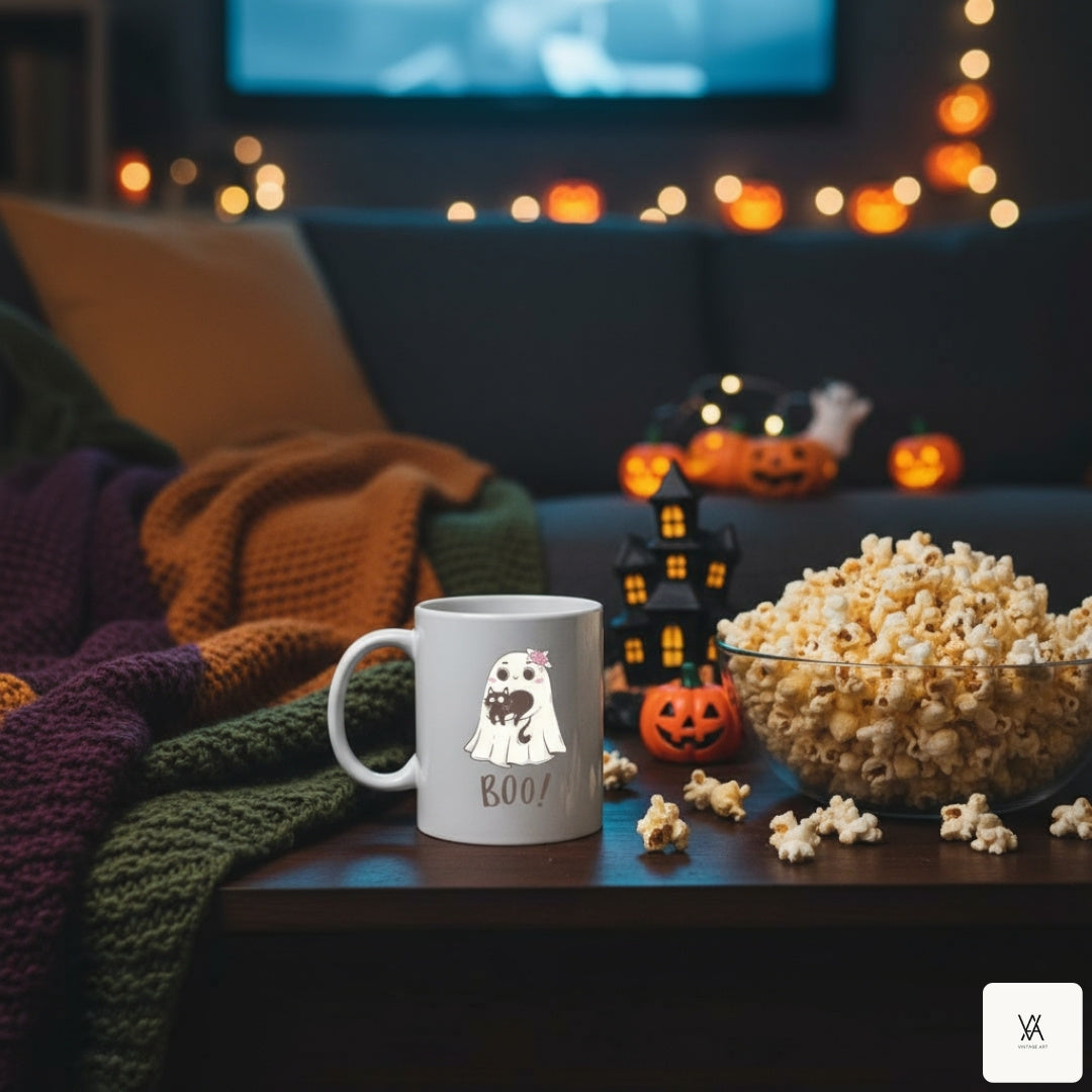 Sweet Ghost with Cat Mug - BOO Halloween Design