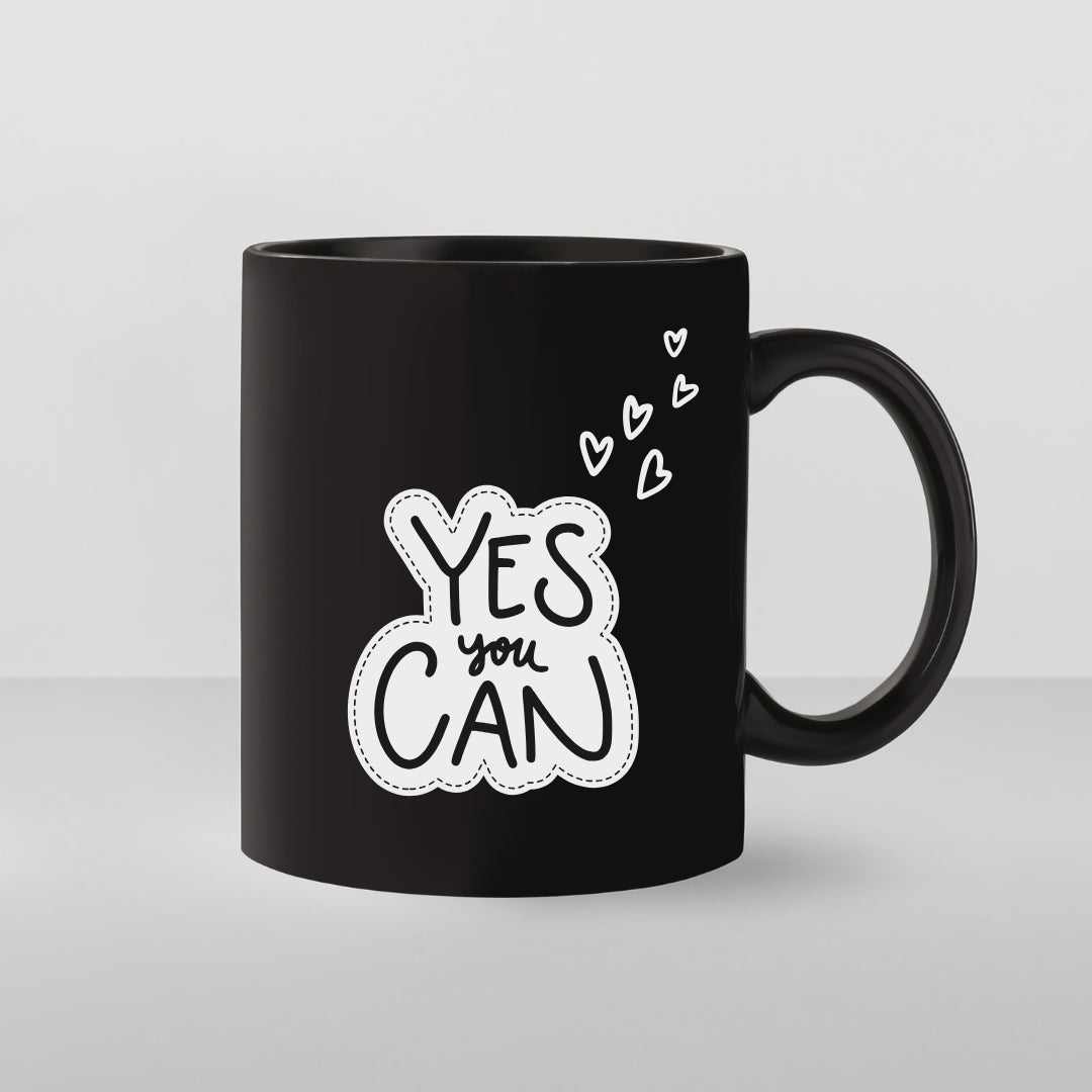 Yes You Can Motivational Coffee Mug - Inspirational Black Cup with Hearts