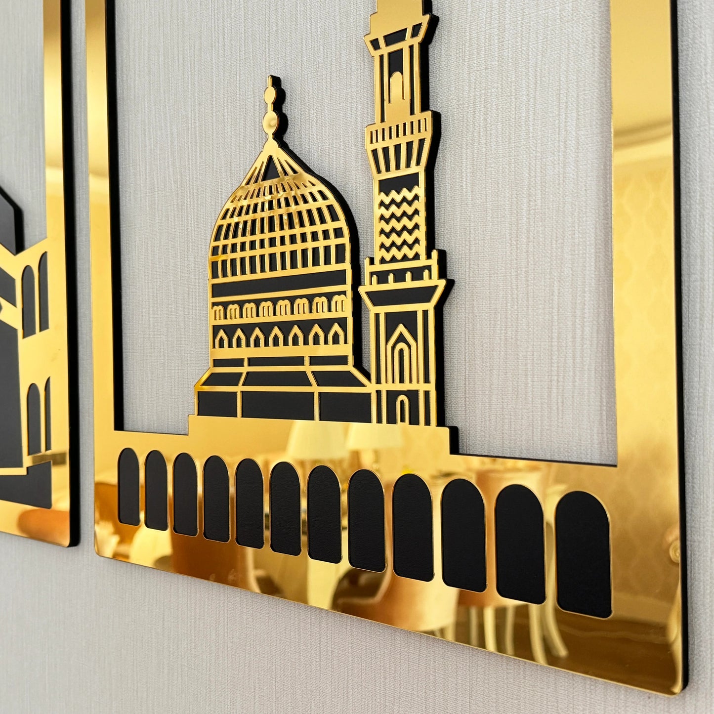 Islamic Wall Art Set - Kaaba, Dome of Rock & Al-Aqsa Mosque Golden Frames