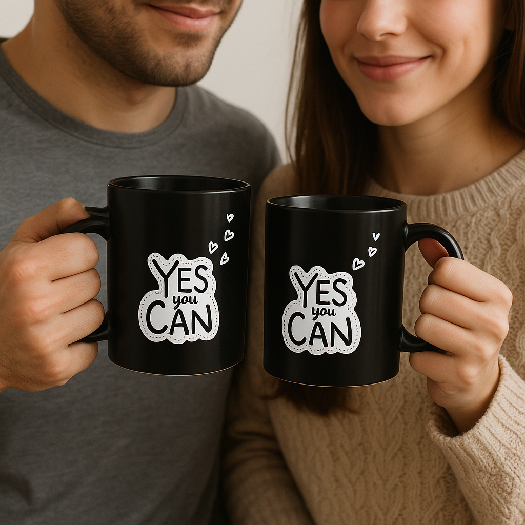 Yes You Can Motivational Coffee Mug - Inspirational Black Cup with Hearts