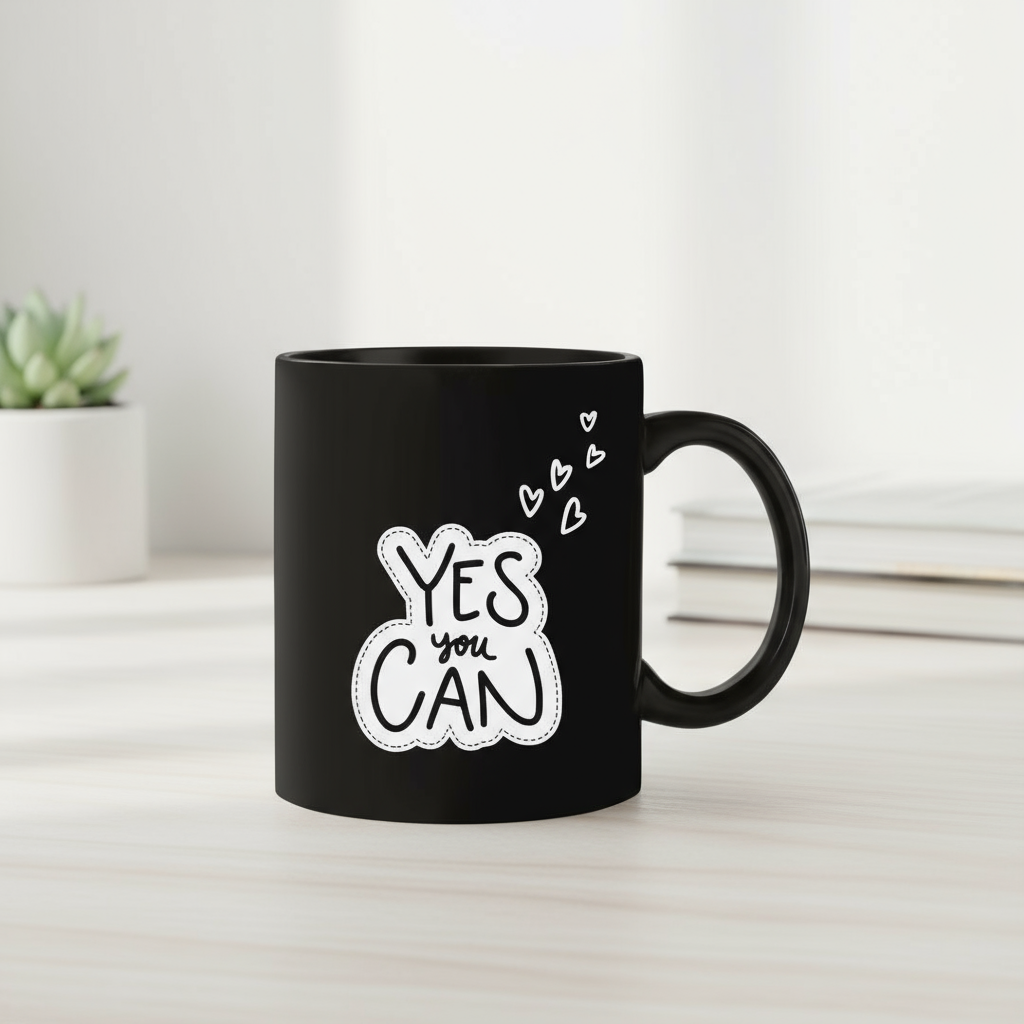 Yes You Can Motivational Coffee Mug - Inspirational Black Cup with Hearts