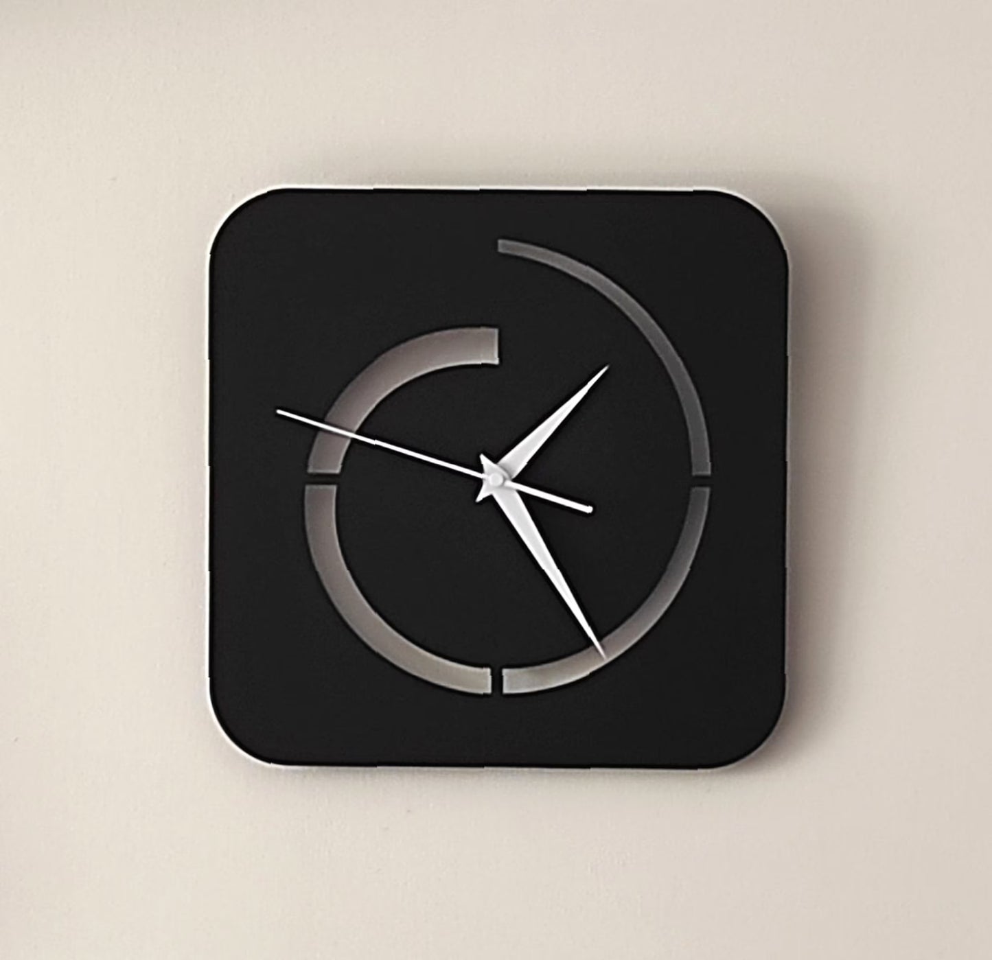 Square Modern Wall Clock - Minimalist Black Design with Broken Circle Pattern