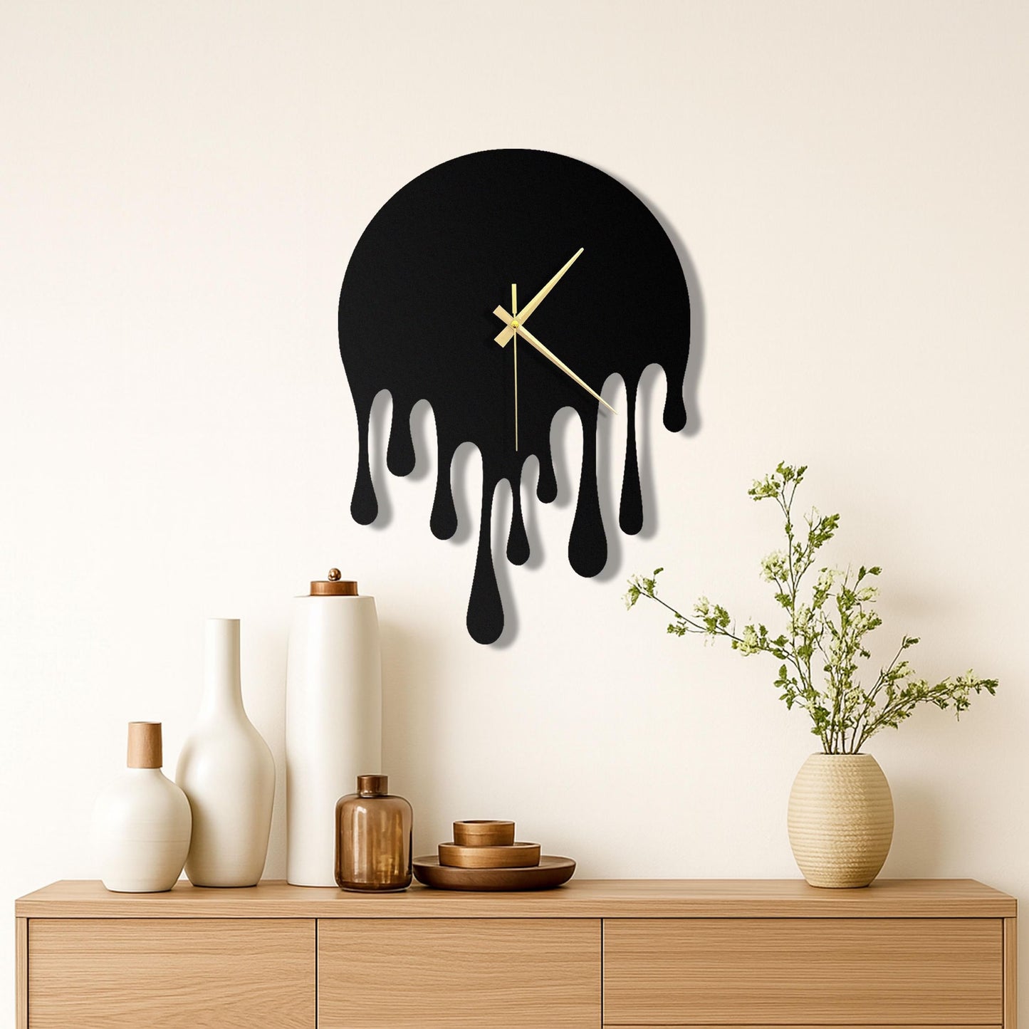 Melting Clock Wall Art - Creative Dripping Design with Gold Hands