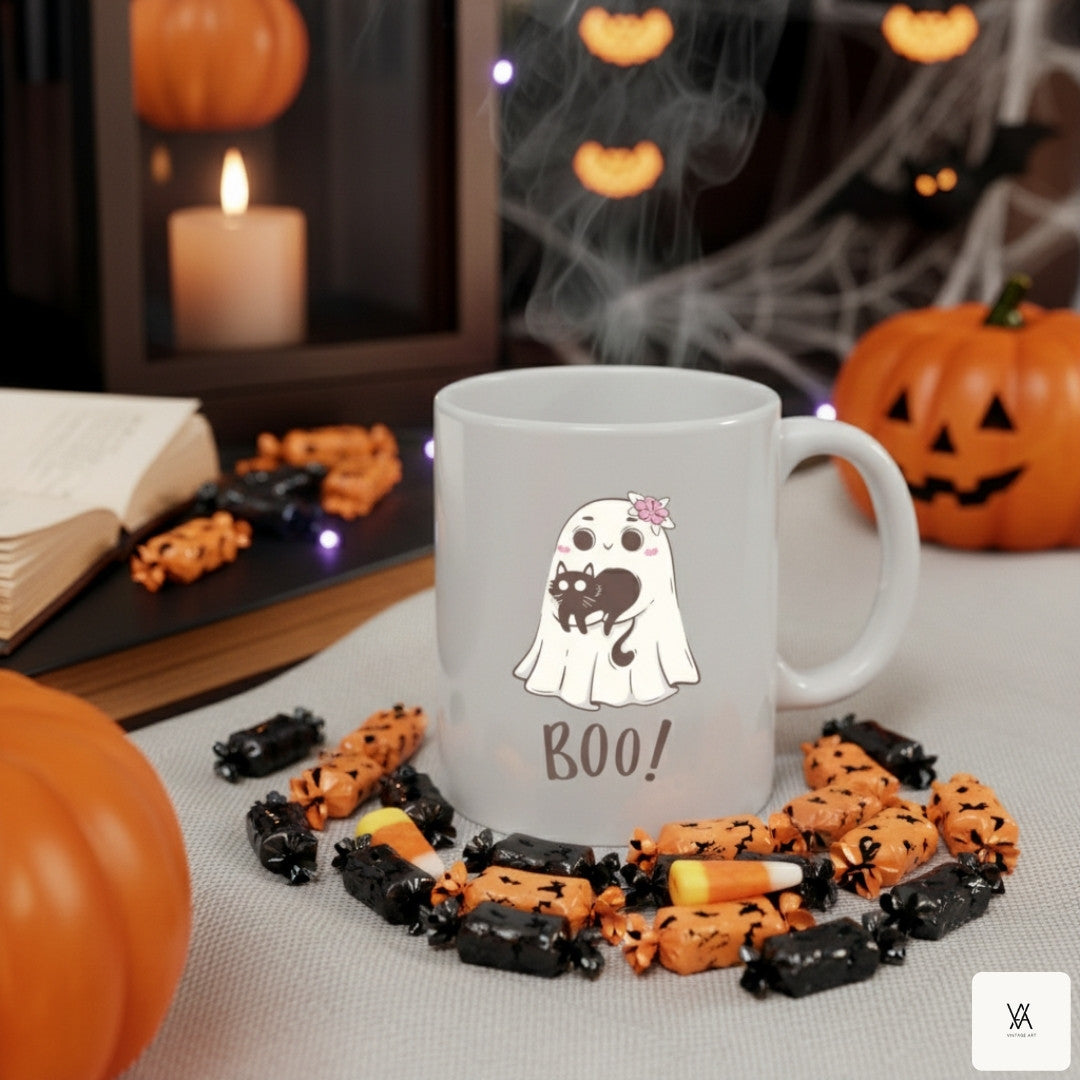Sweet Ghost with Cat Mug - BOO Halloween Design