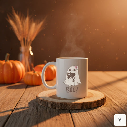 Sweet Ghost with Cat Mug - BOO Halloween Design