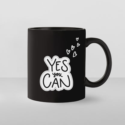 Yes You Can Motivational Coffee Mug - Inspirational Black Cup with Hearts