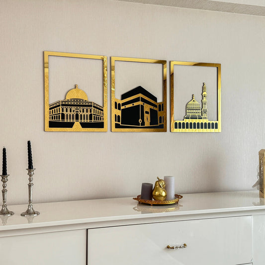 Islamic Wall Art Set - Kaaba, Dome of Rock & Al-Aqsa Mosque Golden Frames