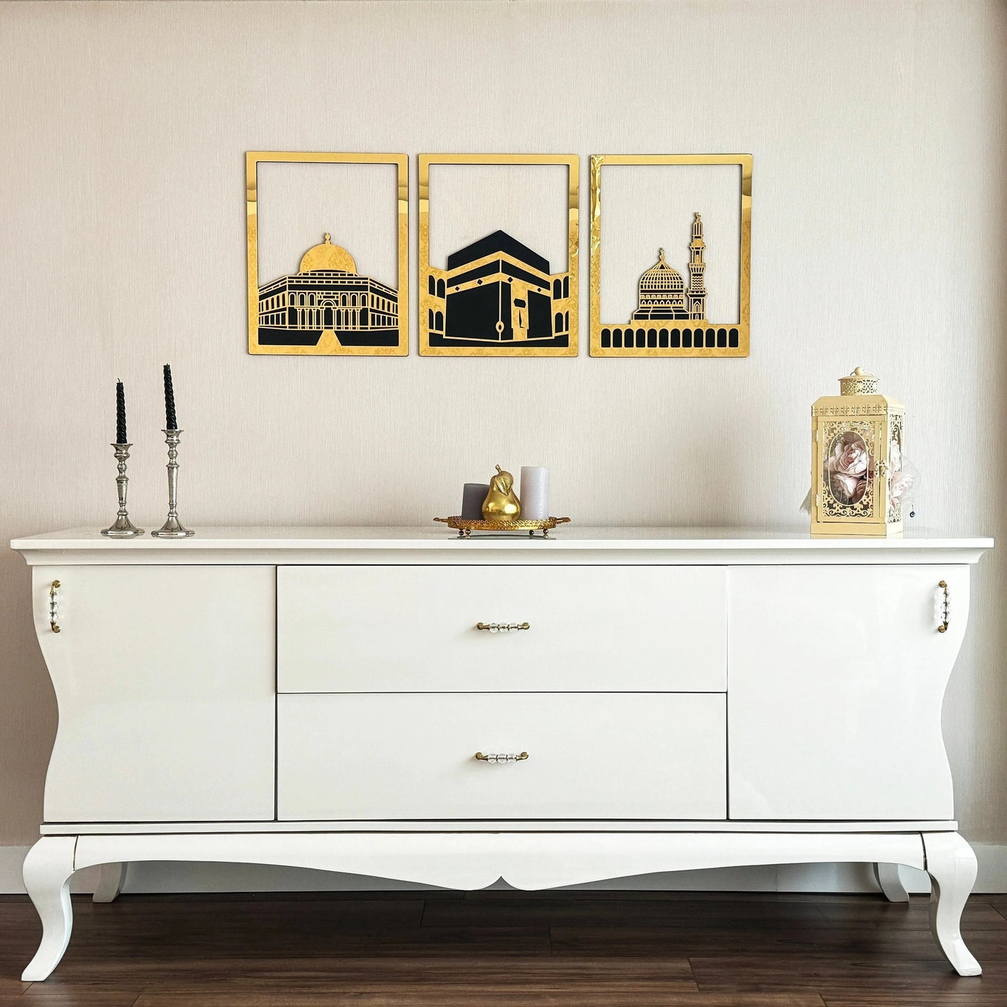 Islamic Wall Art Set - Kaaba, Dome of Rock & Al-Aqsa Mosque Golden Frames