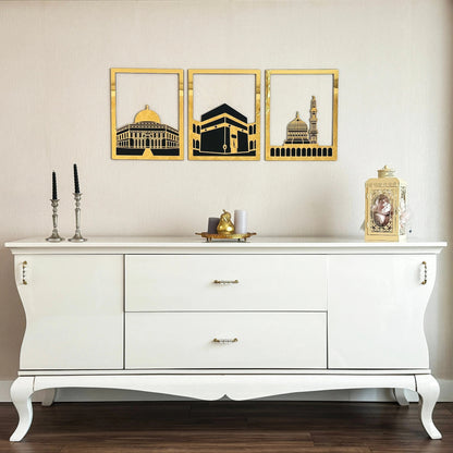 Islamic Wall Art Set - Kaaba, Dome of Rock & Al-Aqsa Mosque Golden Frames