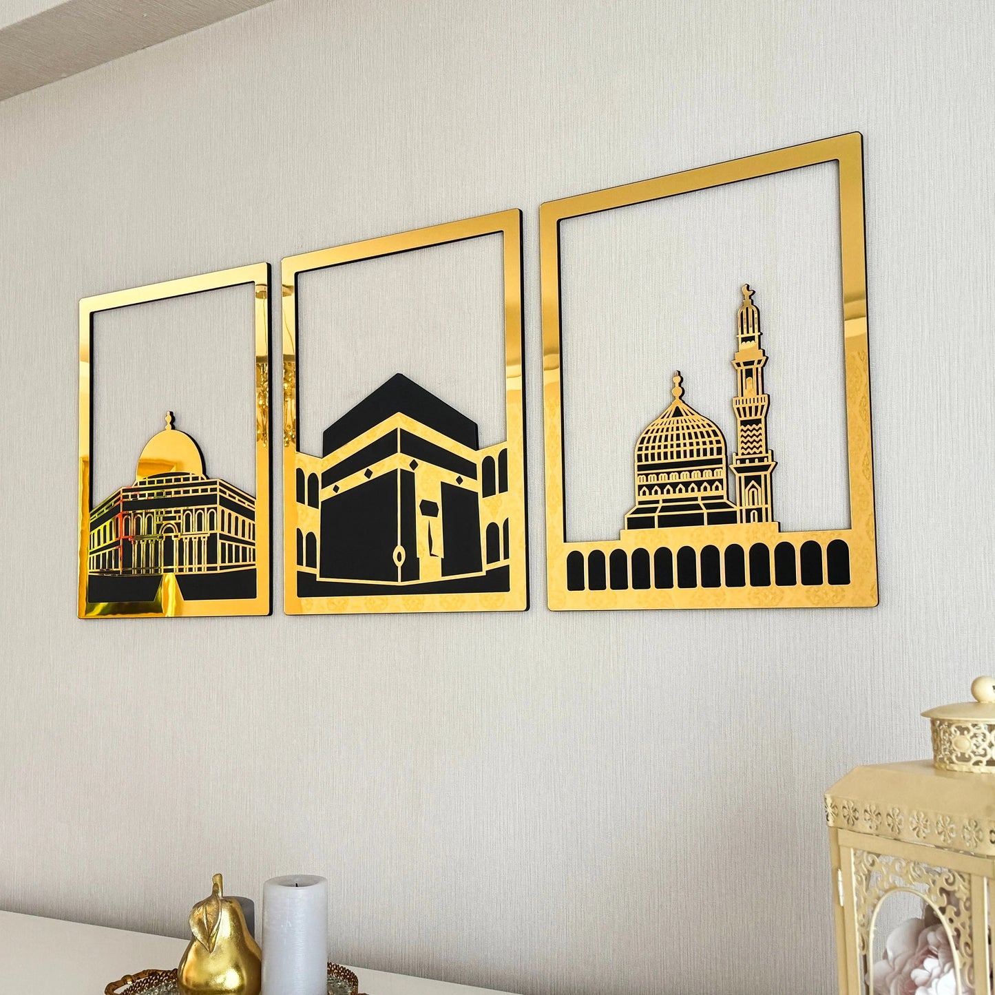 Islamic Wall Art Set - Kaaba, Dome of Rock & Al-Aqsa Mosque Golden Frames