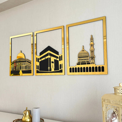 Islamic Wall Art Set - Kaaba, Dome of Rock & Al-Aqsa Mosque Golden Frames