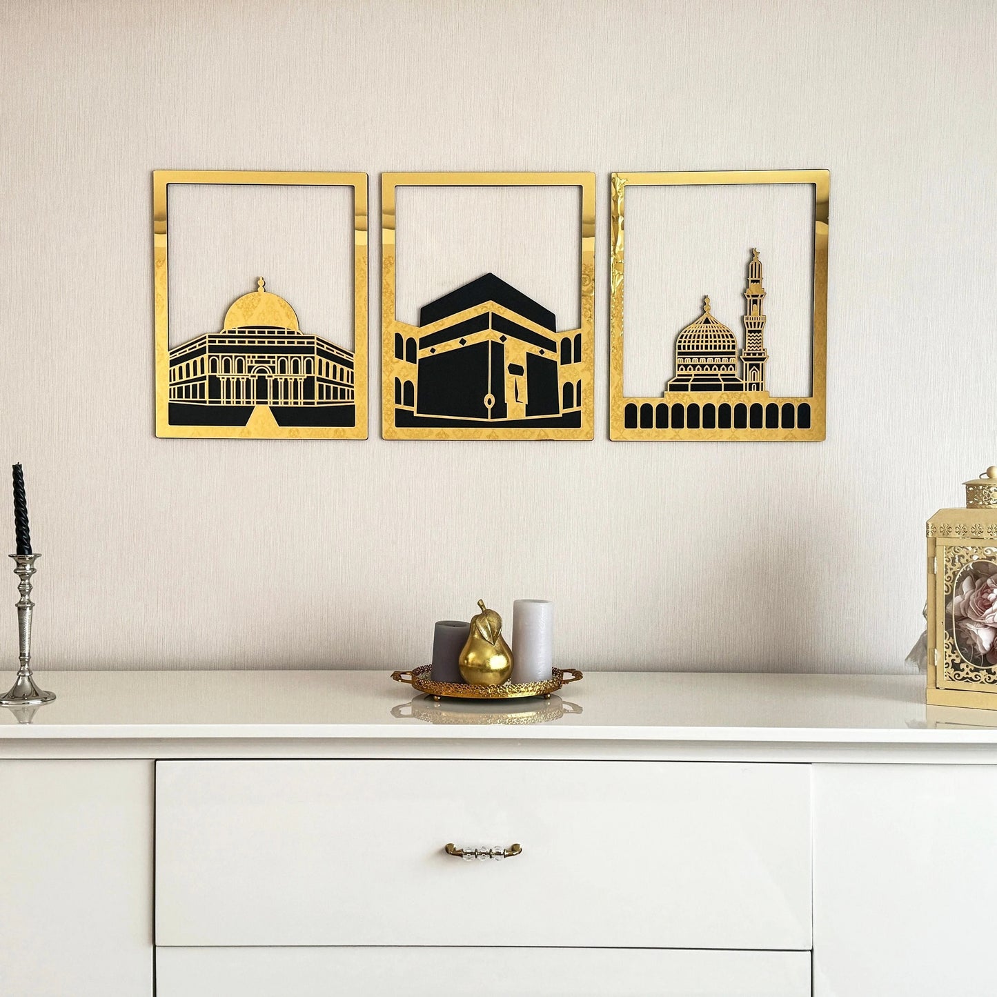 Islamic Wall Art Set - Kaaba, Dome of Rock & Al-Aqsa Mosque Golden Frames