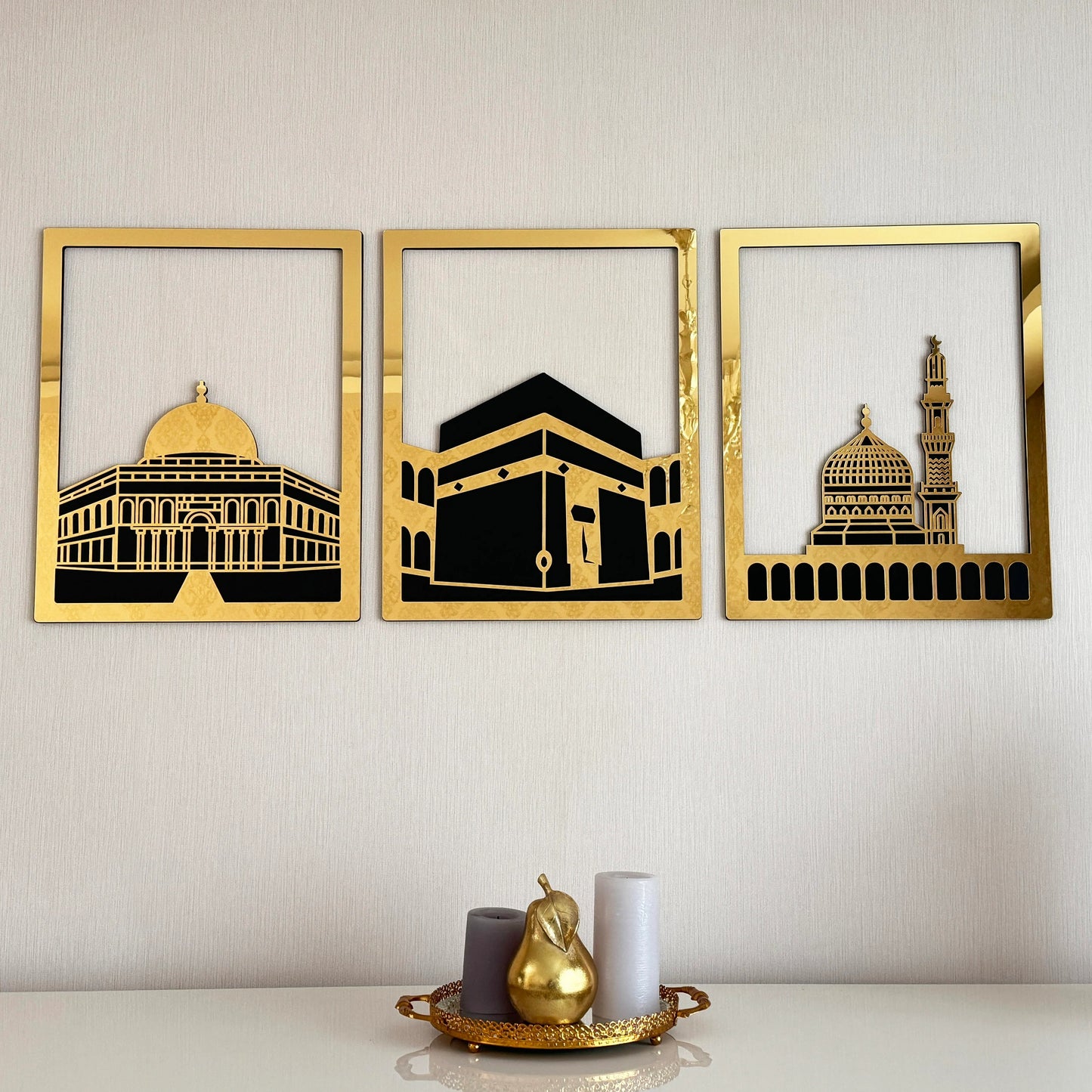 Islamic Wall Art Set - Kaaba, Dome of Rock & Al-Aqsa Mosque Golden Frames