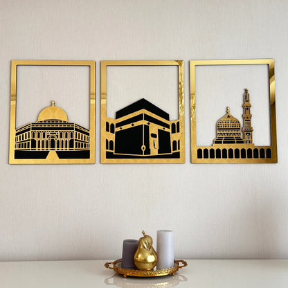 Islamic Wall Art Set - Kaaba, Dome of Rock & Al-Aqsa Mosque Golden Frames