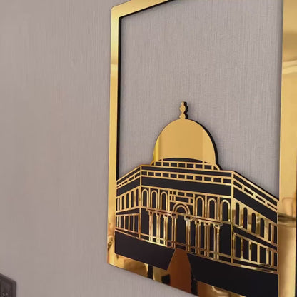 Islamic Wall Art Set - Kaaba, Dome of Rock & Al-Aqsa Mosque Golden Frames